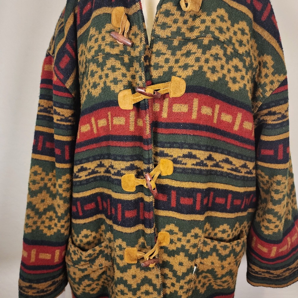 Vintage Cotler Best‎ of the Best Hooded Duffle Toggle Coat Aztec Pattern Large